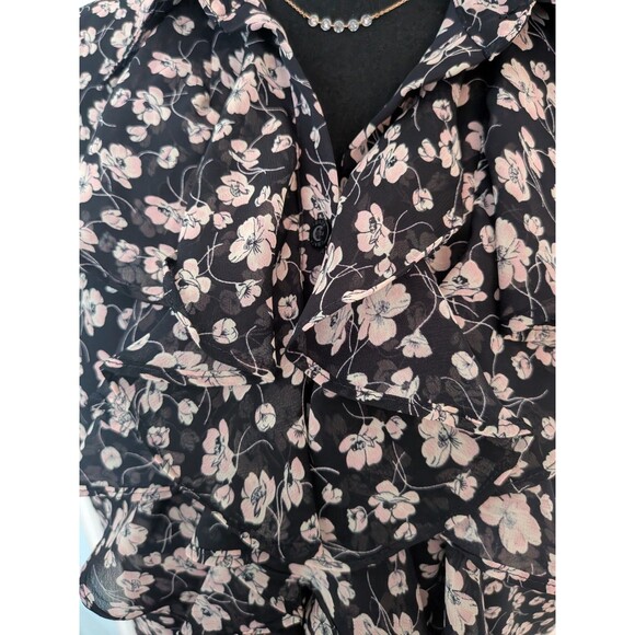 CHAPS 1978 Top Womens L Black Pink Ruffled Floral Flutter Sleeve Chiffon Blouse - Picture 2 of 13